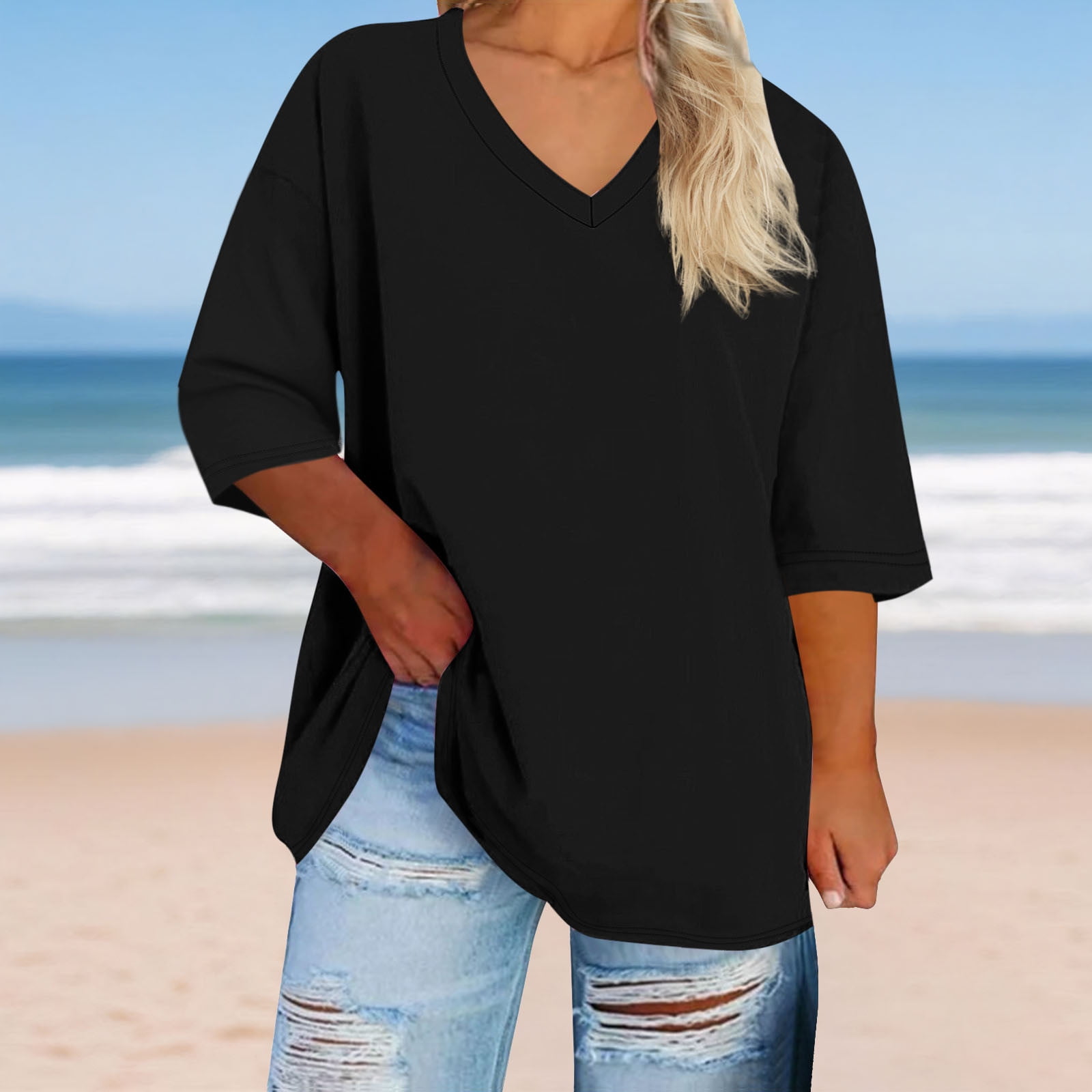 3/4 Sleeve Tops for Women Plus Size XL-5X V Neck T Shirts Womens Casual Solid Color Loose Pullover Breathable Basic Athletic Workout Tees Top