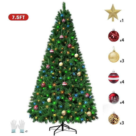 VAVSEA 7.5ft Pre Lit Christmas Tree with 18pcs Ball, Artificial Christmas Tree with Lights, Green Xmas Tree for Holiday Party, Indoor and Outdoor Decoration