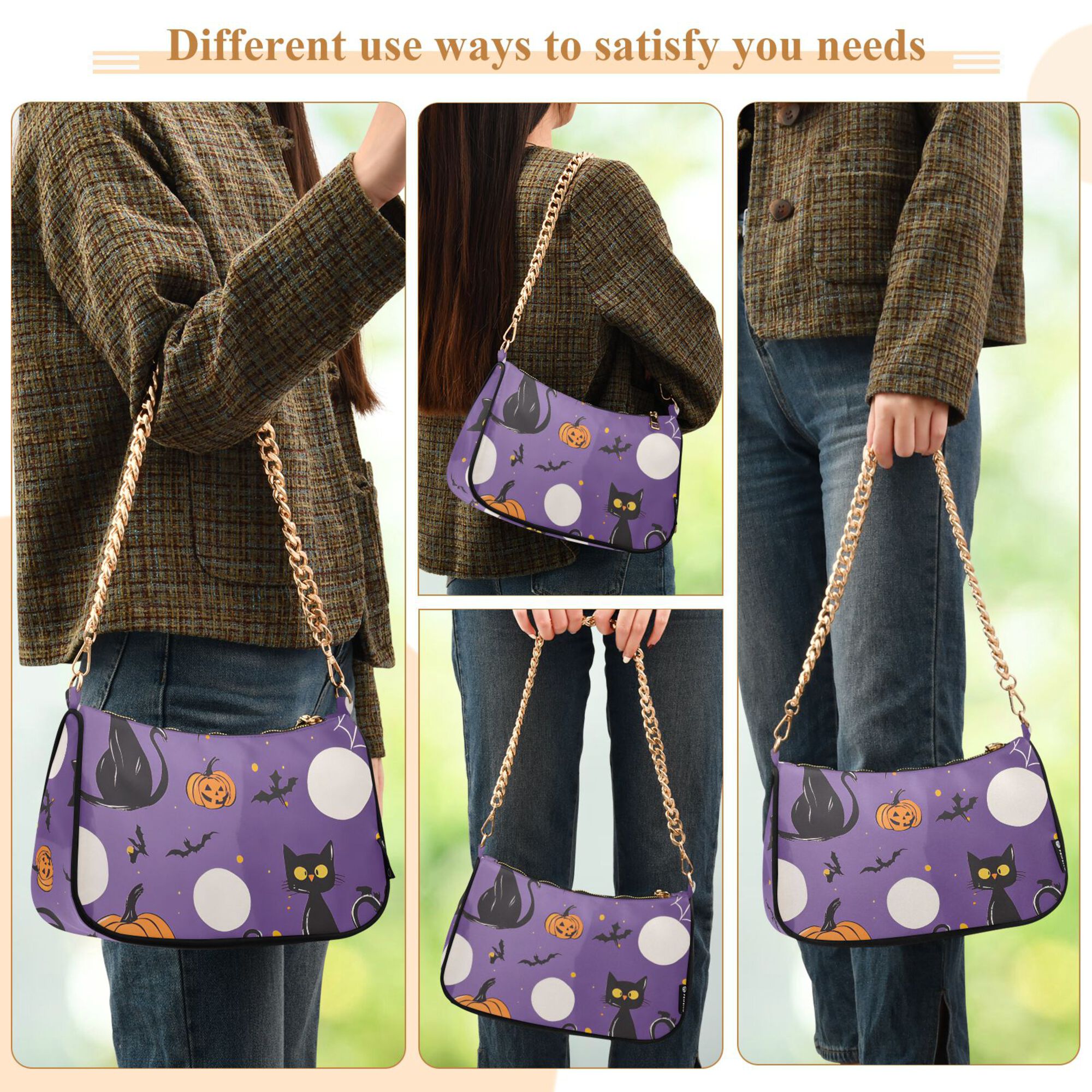 FORMRS Womens Shoulder Bag with Chain Strap Clutch Purse Cute Tote Handbag, Halloween Black Cat