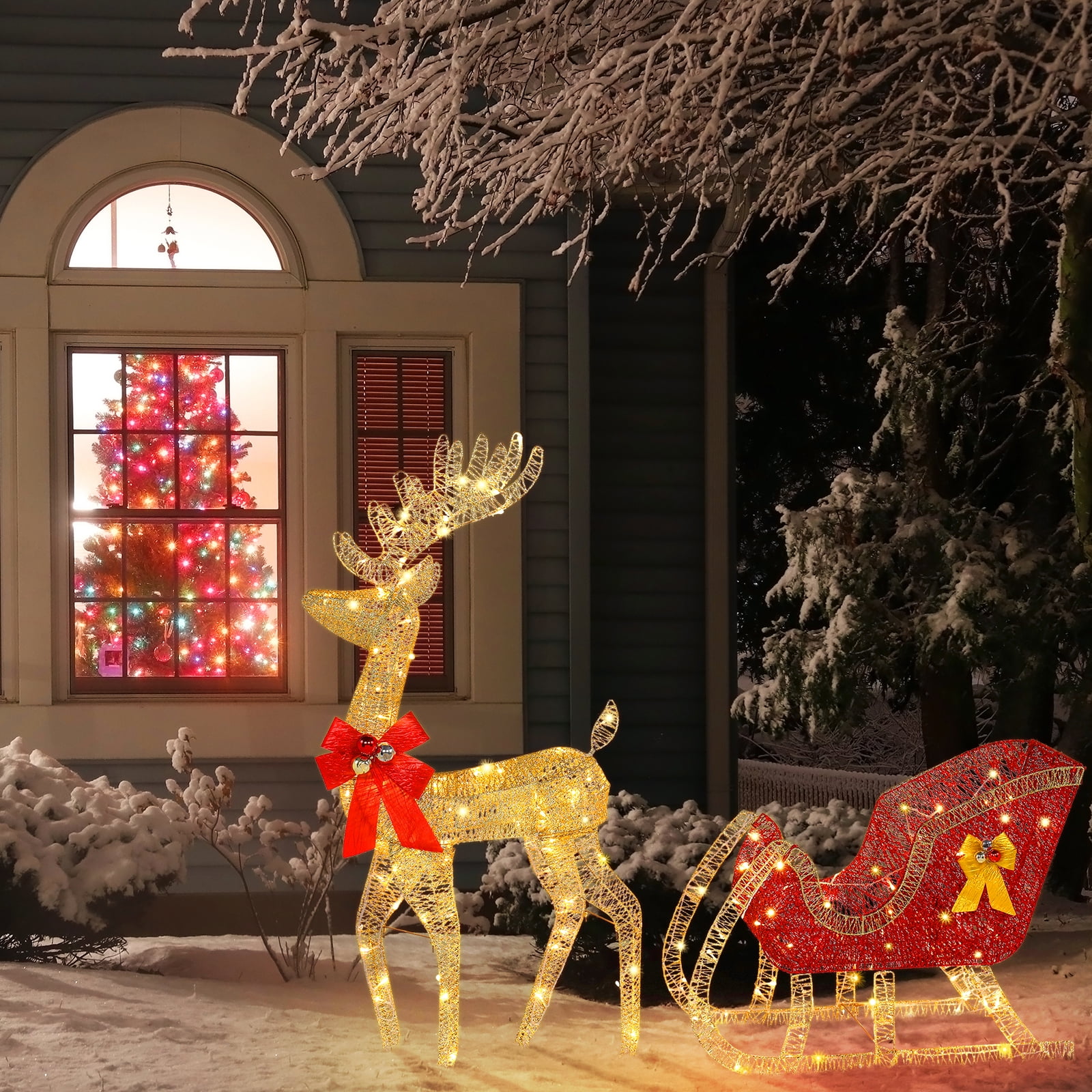VINGLI Large Lighted Reindeer and Sleigh Outdoor Christmas ...