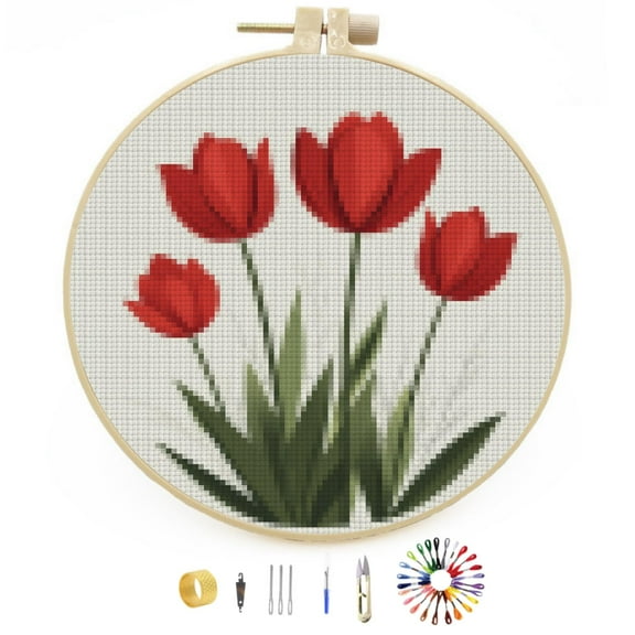 DIY Stamped Cross Stitch Kits Tulips Flower Easy for Beginners with Hoop 11CT Counted Embroidery Needlepoint Crafts Arts for Handmade Enthusiasts and Home Decor 30x30cm(1)