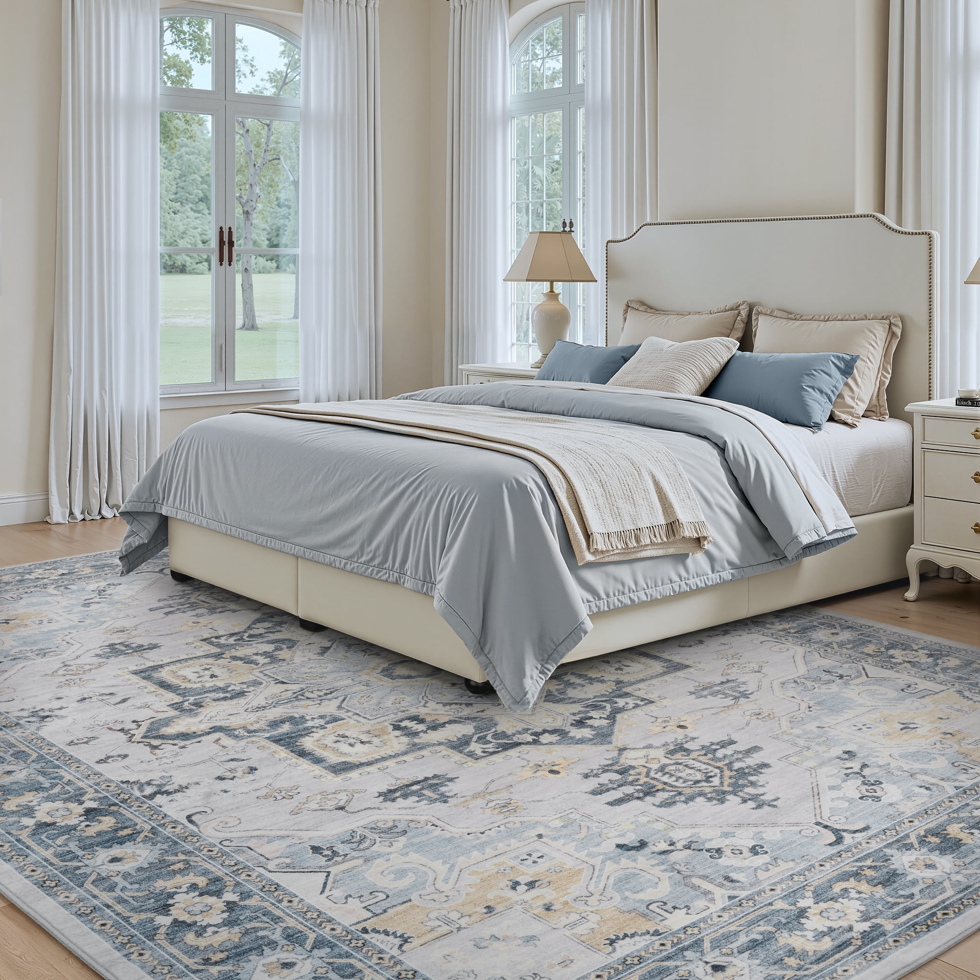 SIXHOME 9'x12' Area Rugs for Living Room Washable Traditional Distressed Carpet Non Slip Soft Retro Floral Indoor Throw Rug for Bedroom Dinning Room Vintage Blue
