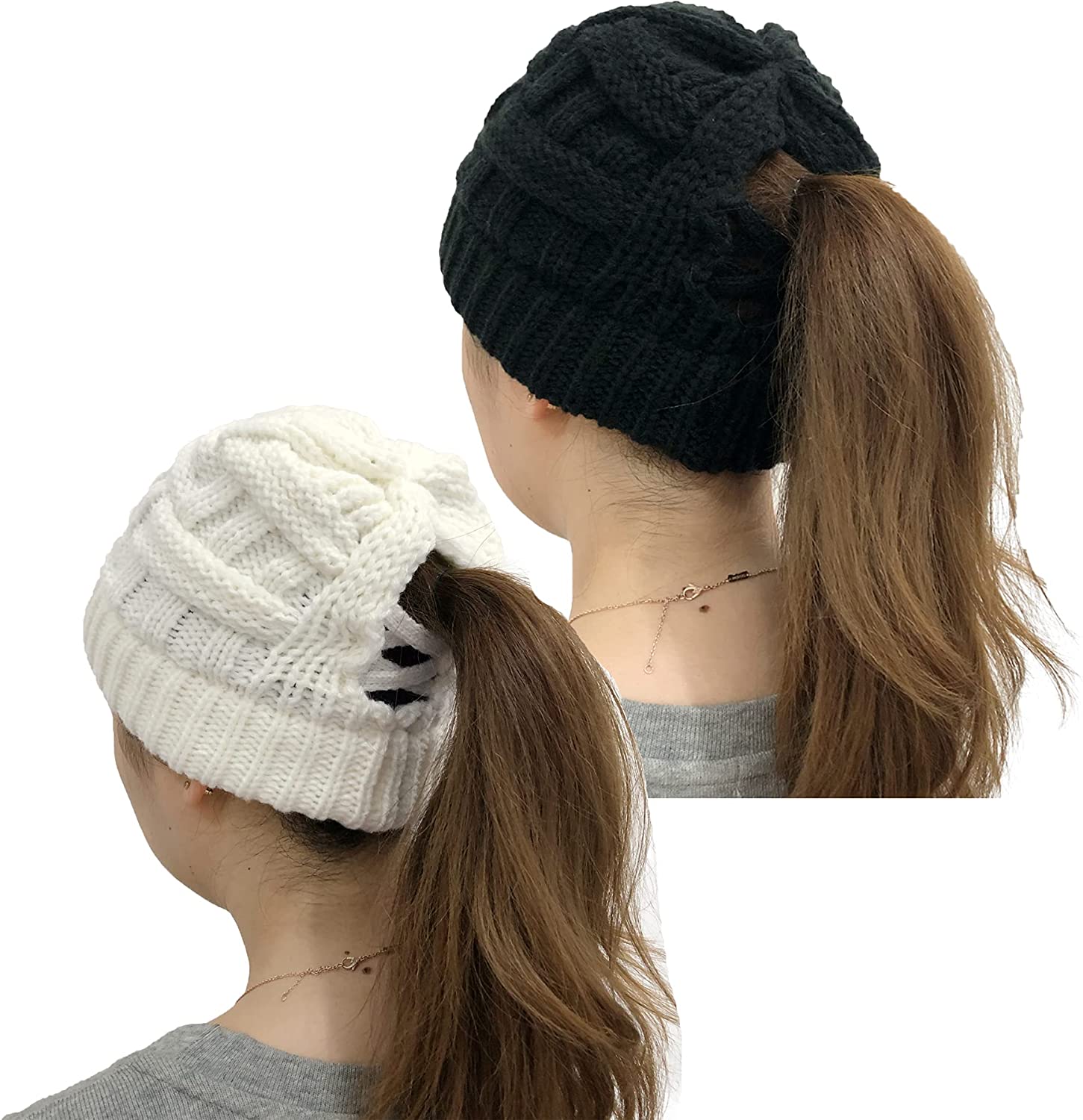 Ponytail Beanie Hat - Women Knit Winter 