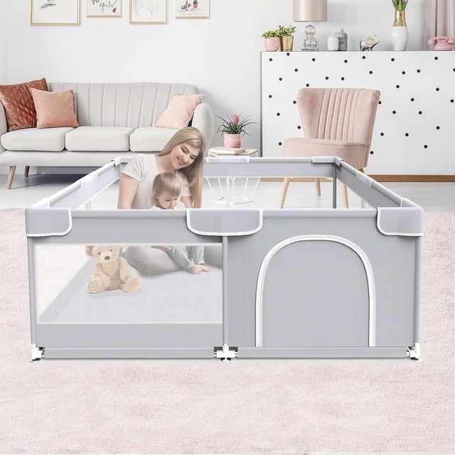 Baby Playpen Fshibila Baby Playard con malla suave 127 x 127 x 69 cm, color gris