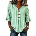 thumbnail image 4 of GERsome Women's V-Neck Button-Down Shirts with Ruffled 3/4 Sleeve Loose Fit Casual Striped Tops Green M, 4 of 5
