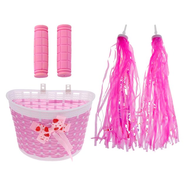 Child Girls Bike Handlebar Streamers w/ Grip Cover and Front Basket Pink