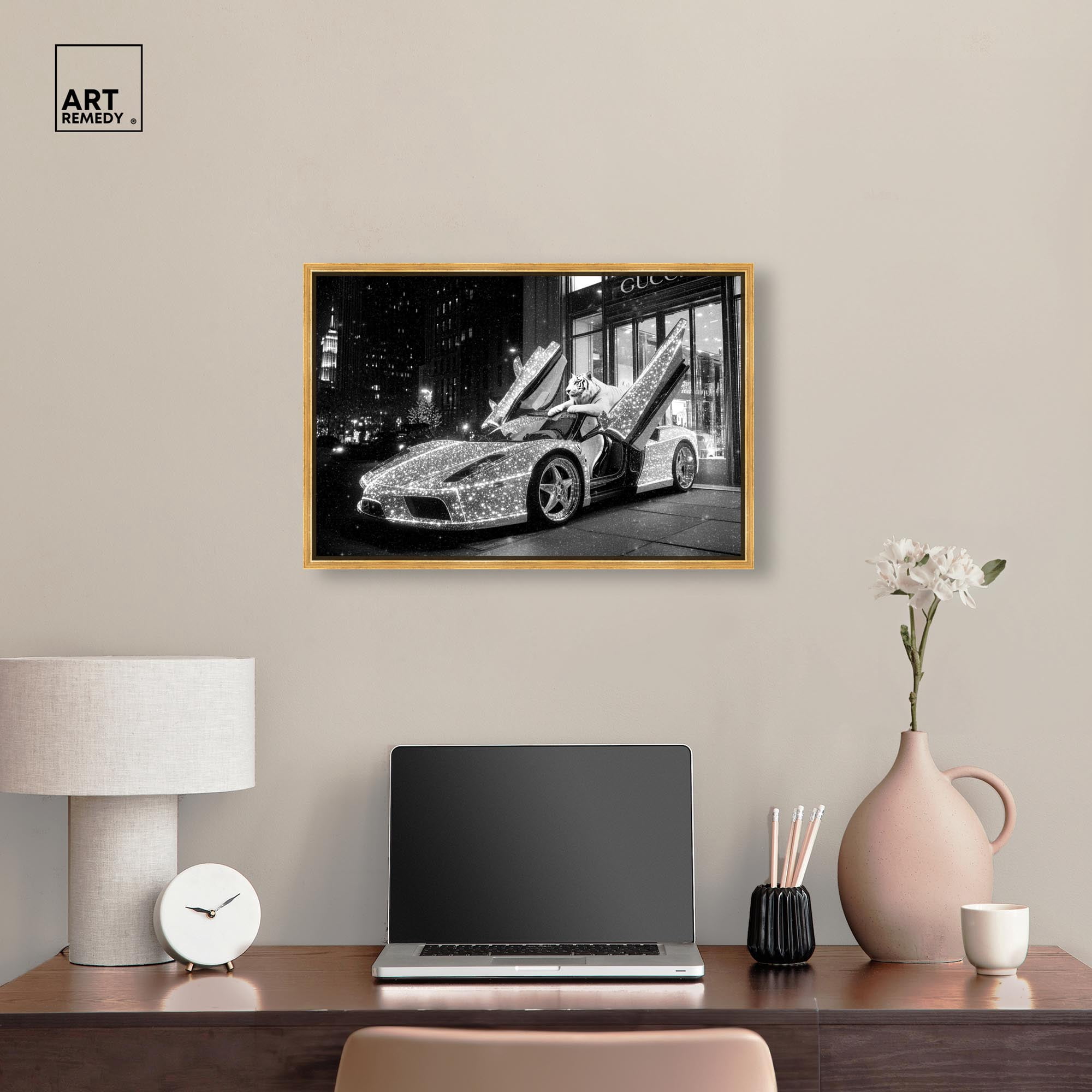 Glistening Tiger and Car Canvas Luxury Cars Prints by Art Remedy, Gold Frame, 24 x 16