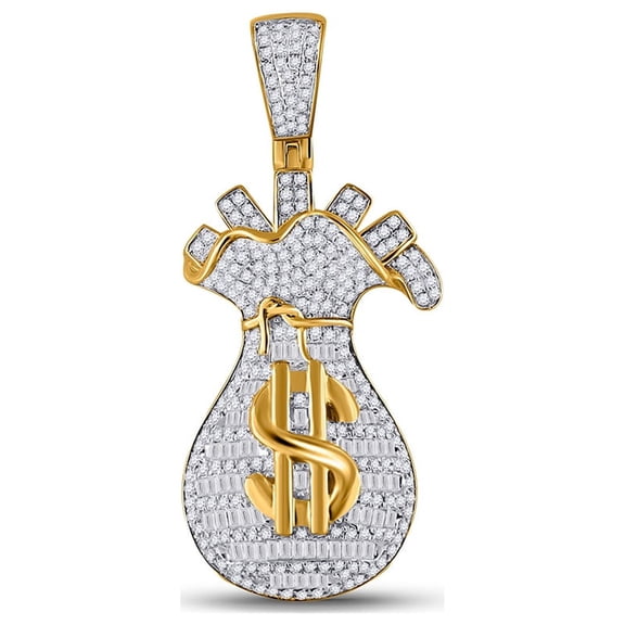L U DIAMONDS 10k Yellow Gold Mens Diamond Money Bag Charm Pendant 1-1/4 Ctw