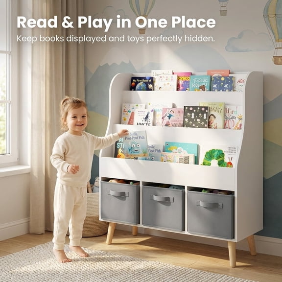Kids Bookshelf with 3 Fabric Storage Bins, White Wood Front-Facing Book Display Rack for Toddlers, Nursery and Playroom
