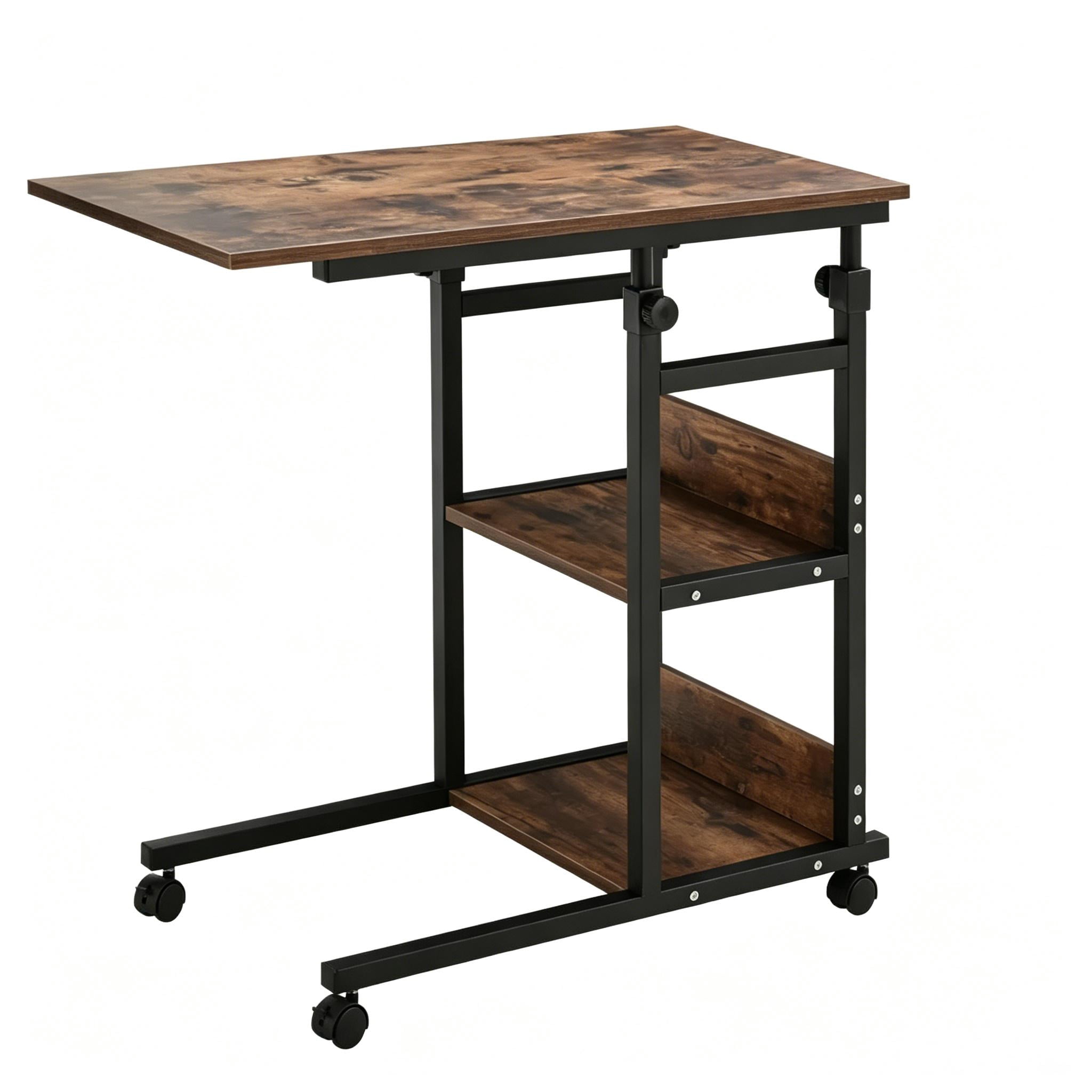C-Shaped Height Adjustable Rolling Side Table, 3-Tier Mobile Utility Cart with Lockable Wheels, Multi-Purpose Sofa Snack Bar & Garden Table