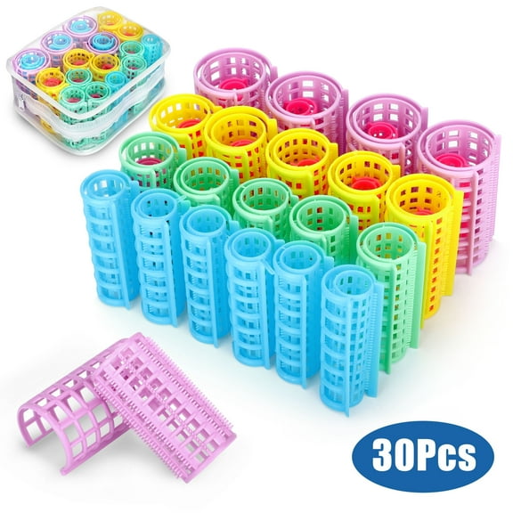 DISEN 30pcs Snap on Plastic Hair Rollers, 5 Sizes No Heat Curlers, Self Grip Hairdressing Styling Tools, Random Colors