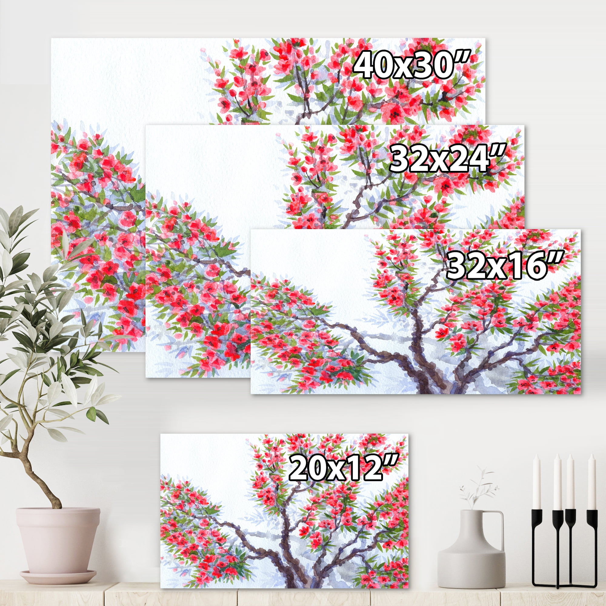 Designart ' Abstract Red Flowers of Spring Tree ' Traditional Canvas Wall Art Print