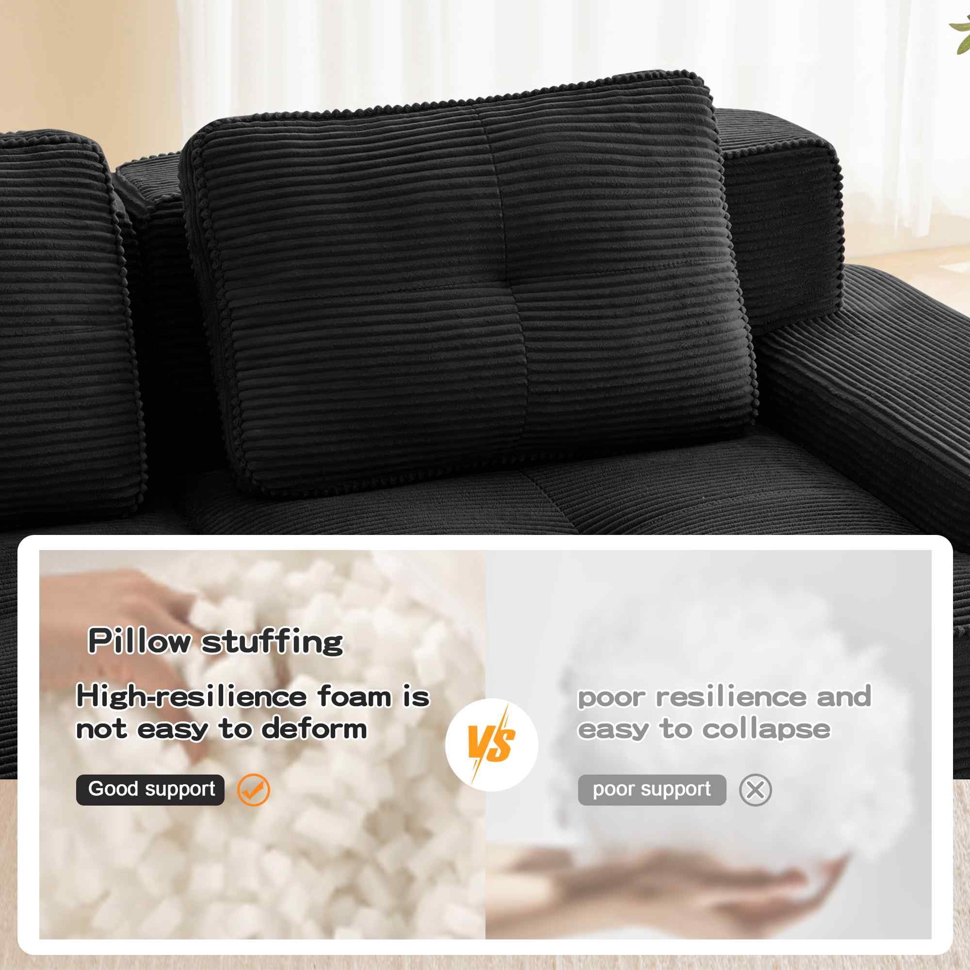 FFH 80" Corduroy Loveseat Modular Cloud Couch Sectional Sofa for Living Room (Black, 2 Seater)