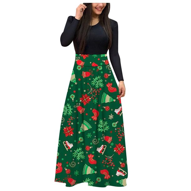 Vestido de manga larga para mujer Navidad cuello redondo Santa muñeco de nieve estampado cintura alta Boho Maxi vestido Casual fiesta vestido de noche Fridja nbo1739