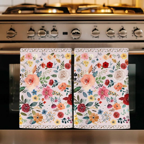 Pink Flowers Kitchen Towels Set of 4, Spring Farmhouse Floral Leaves Vintage Absorbent Dish Towels for Kitchen, Microfiber Hand Towel, Quick Drying Tea Towel for Cleaning Decorative Dishcloths