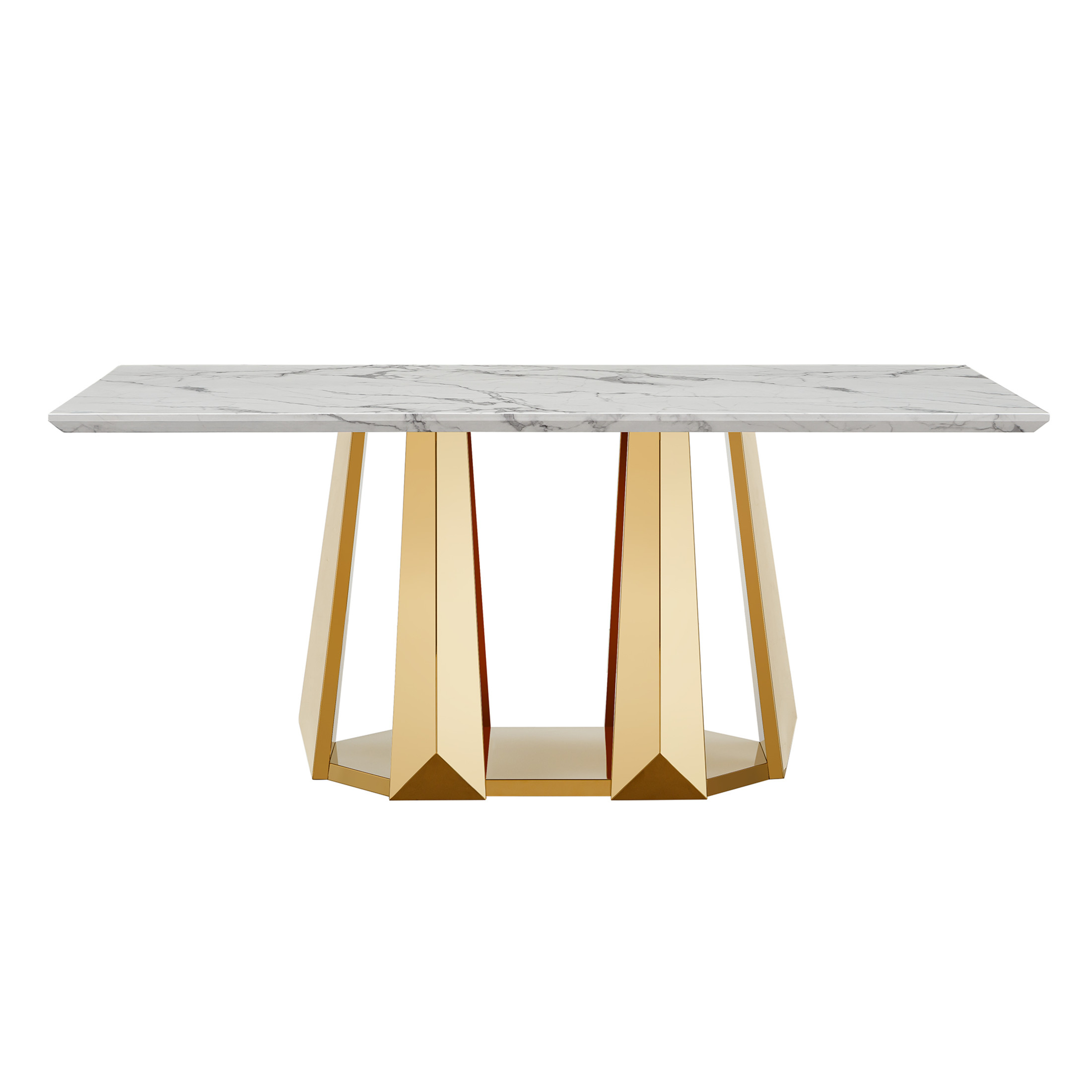 Noble House Modern 70" Rectangle Faux Marble Dining Table with Stainless Steel Base, for Kitchen, Gloss White & Gold
