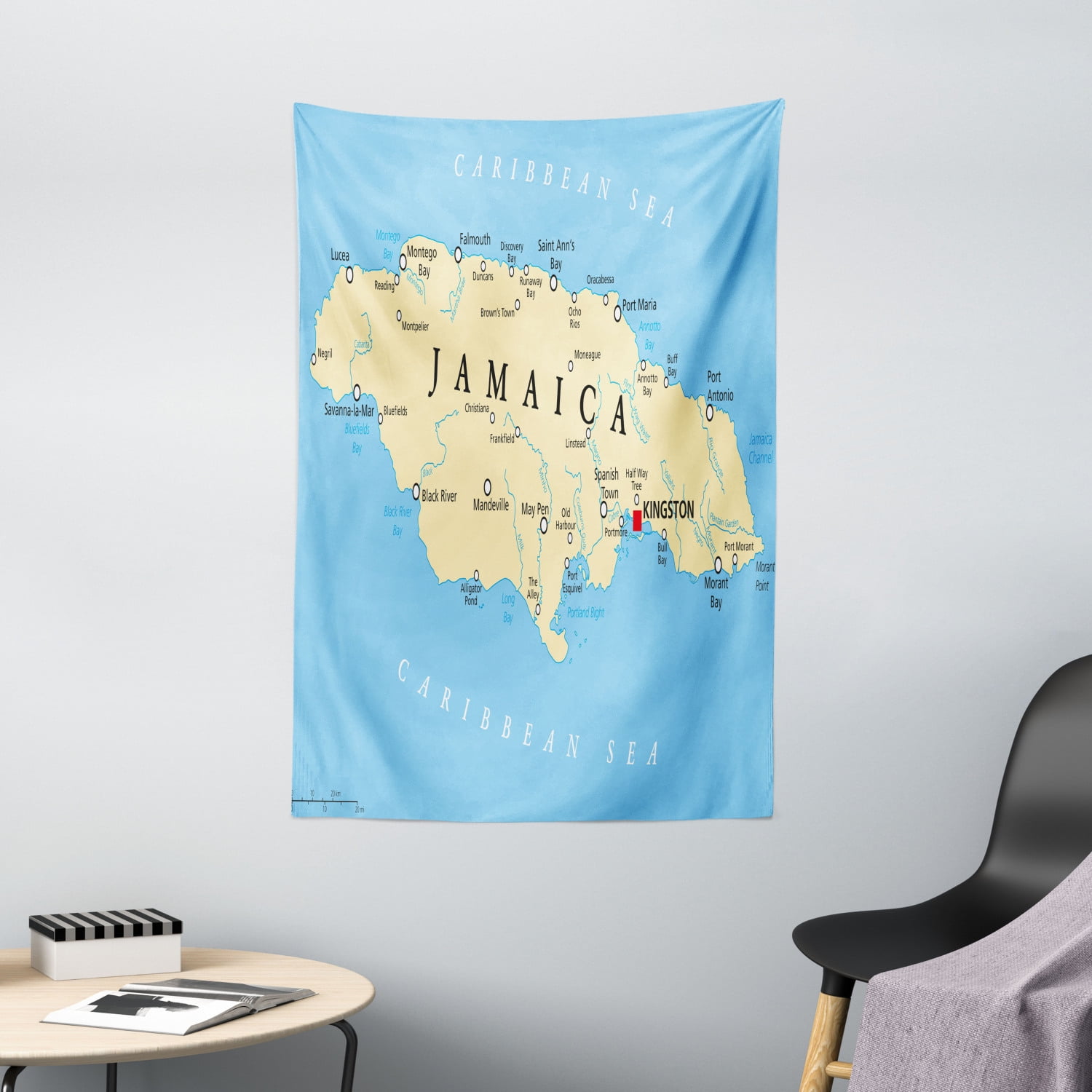 Jamaican Tapestry, Map of Jamaica Kingston Caribbean Sea Important Locations in Country, Wall 