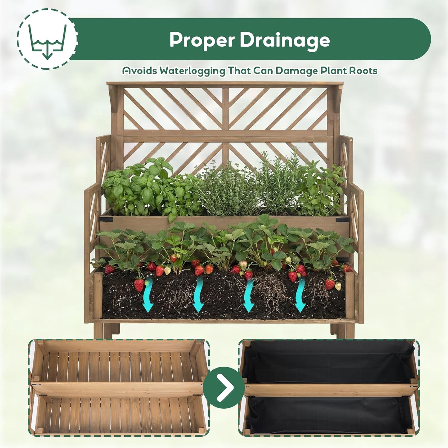 PETSCOSSET Raised Garden Bed with Trellis, 2-Tier Elevated Planter Box with Legs & Top Shelf, Wooden Garden Beds for Plants