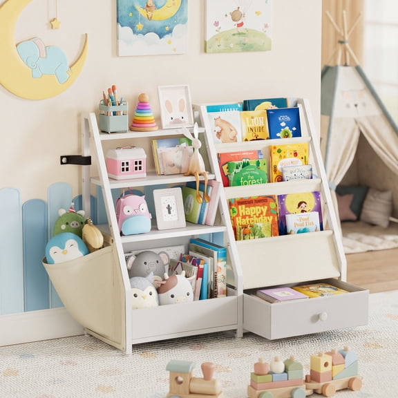 Kids Bookshelf and Toy Storage, Book Shelf for Kids Rooms BECOKOME 4 Tier Toddler Bookshelf Baby Bookcase for Nursery Montessori Toy Organizer, White