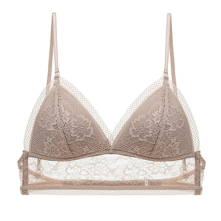 OJSFQUFP Plunge Bras Khaki Women French Sexy U Back Underwear No Underwire Thin Bra Lace Jacquard Halter Lace Triangle Cup Bra S