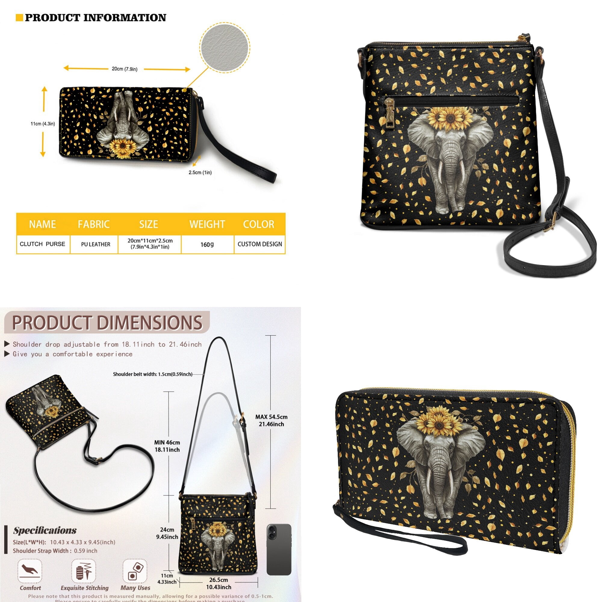 LedBack Elephant Sunflower Leather Shoulder Purse with Wallet Set Multi Pocket Crossbody Purse Hobo Bag Satchel Handbag Leather Wallet with Wrist Strap, Black