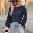 thumbnail image 2 of Women's Casual Tops Solid Color O-neck Hollow Back Blouse Long Puff Sleeves Dressy Waffle Knit Sweater Shirts(M,Navy), 2 of 5