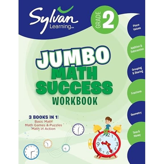 Pre-Owned Sylvan Math Jumbo Workbooks: 2nd Grade Jumbo Math Success Workbook : 3 Books in 1--Basic ic Math, Math Games and Puzzles, Math in Action; Activities , Exercises, and Tips to Help Catch Up, Keep Up, and Get Ahead (Paperback)