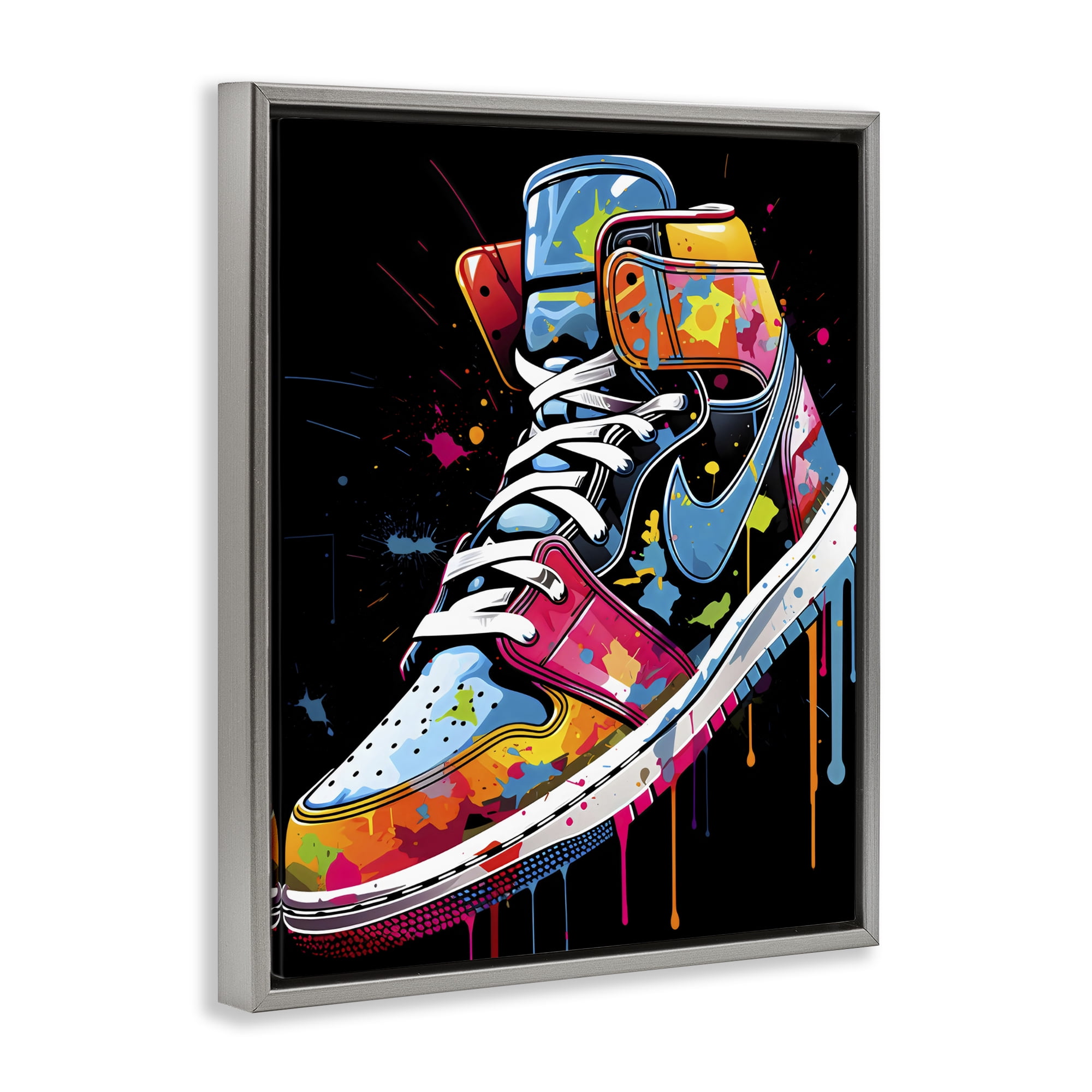 Stupell Industries Paint Drip High Top Sneakers Gray Framed Floater Canvas Wall Art, design by Creative Studio