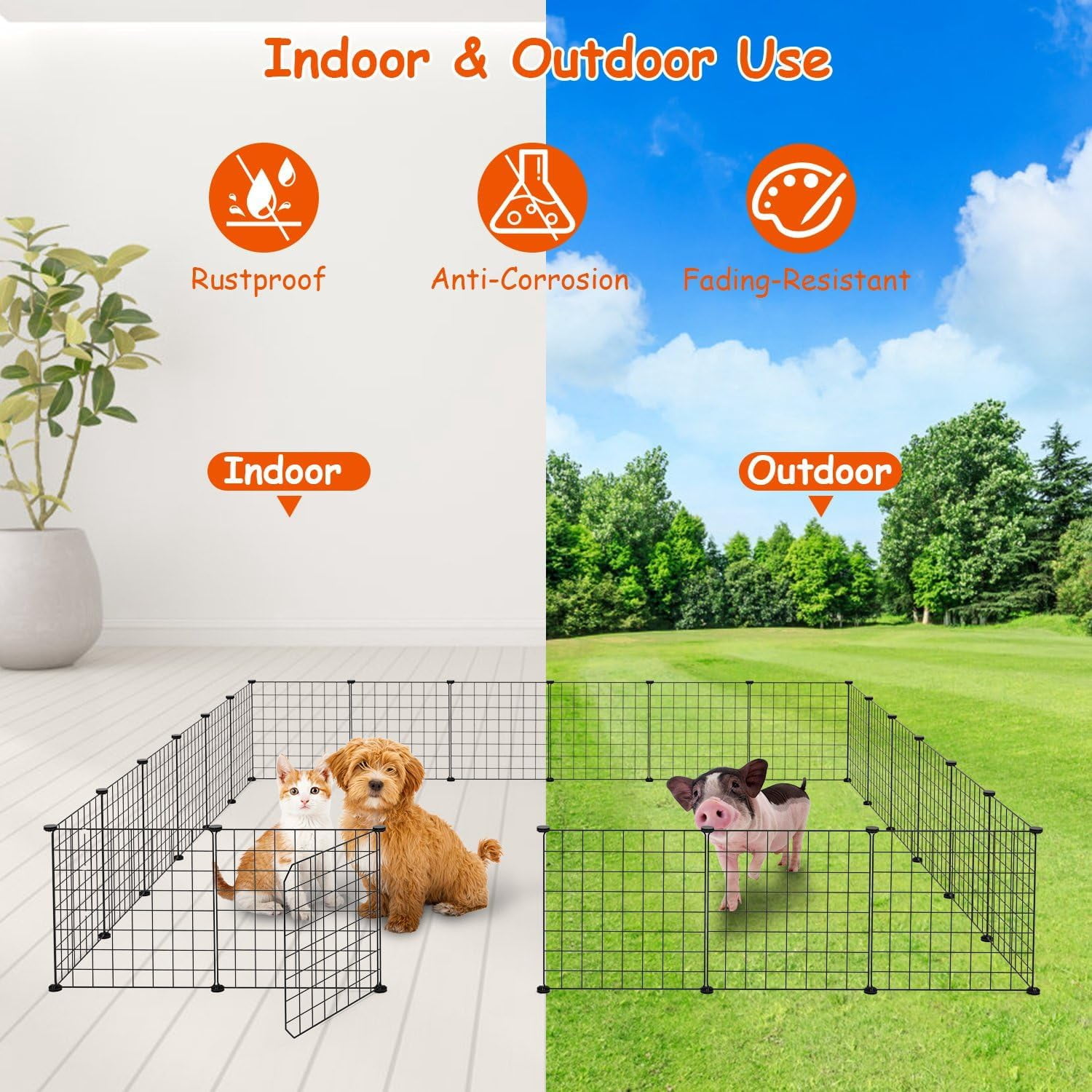 Small Animal Pet Playpen with Door, DIY Wire Portable Yard Fence for Rabbit, Guinea Pig Cages, Puppy, Kitten Playpen for Indoor & Outdoor Portable Metal Wire Yard Fence, 12 Pcs Black Pet Panels