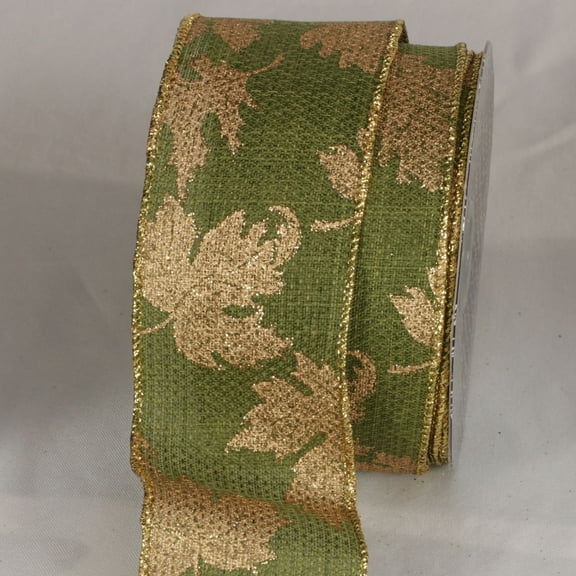 The Ribbon People Green and Gold Fall Leaves Wired Craft Ribbon 2.5" x 20 Yards