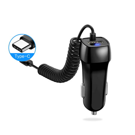 USB Type C Car Charger, 15W/3.1A USB-C Car Charger Adapter with One Extra Universal USB Port for Samsung, HTC, Blackberry, Motorola, Camera etc. Black - Coiled (Best Car Charger For Htc One)