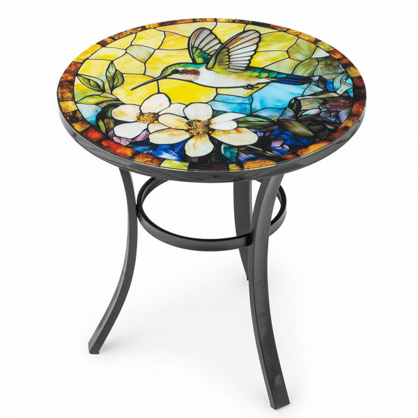 19.5 inch Side Table, Round Iron Top with Tripod Legs, Indoor Outdoor Accent End Table, Hummingbird Mosaic