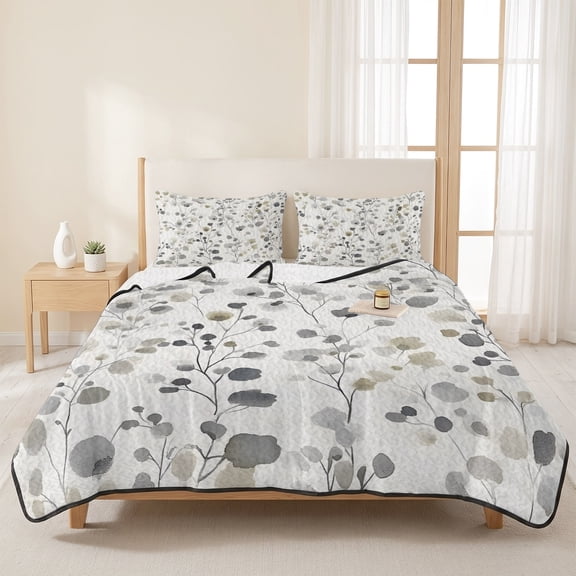 3 Pieces Queen Quilt Set,Gray Brown Botanical Watercolor Soft Bedding Sets with 1 Quilt & 2 Pillow Shams,Farmhouse Floral Leaves Summer Bedspread Lightweight Coverlet Comforter for All Season