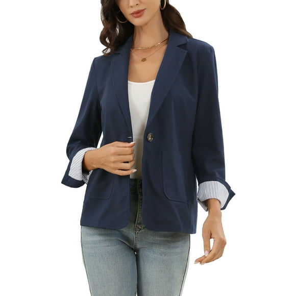 INSPIRE CHIC Cotton Linen Blazers for Women's Business Casual One Button Work Jacket Office Suit S Navy Blue