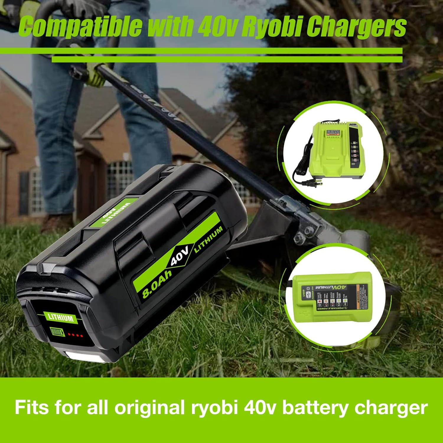 1 Pack 40V 8.0Ah Replacement for Ryobi Battery Compatible with Ryobi 40v Battery Fits for Ryobi Battery 40v OP4060 OP4015 OP4026 OP40201 OP40261 OP4030 OP4040 OP40401 OP4050 Long-lasting Battery