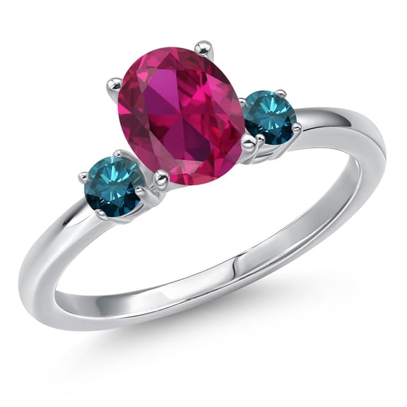 Gem Stone King 14K White Gold Red Created Ruby and Blue Diamond Engagement Ring for Women | 1.55 Cttw | Oval 8X6MM | Gemstone July Birthstone | Size 6