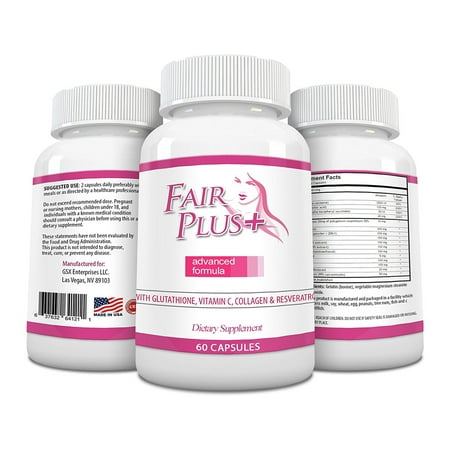 FairPlus Skin Whitening Pills Advanced Formula for Fair and Beautiful Skin with Glutathione, Vitamin C, Collagen, Green Tea, and Resveratrol (60