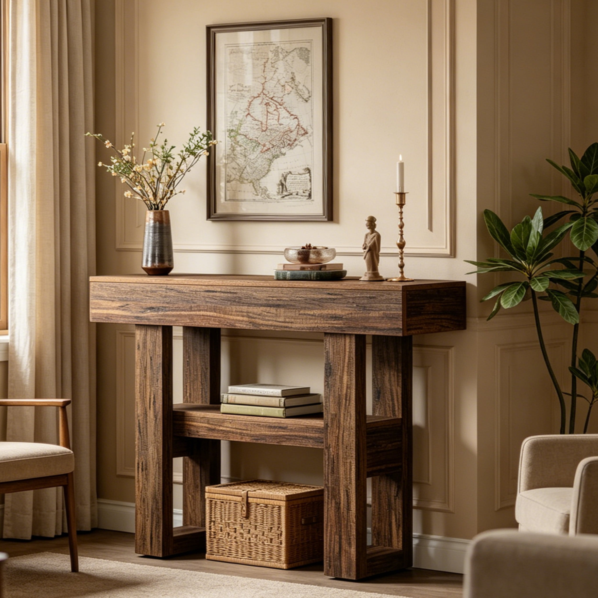 Fnova 41.34" Farmhouse Console Table, Narrow 2-Tier Wood Entryway Table with Storage Shelf, Sofa Table for Living Room, Hallway, Behind Couch, Dark Brown