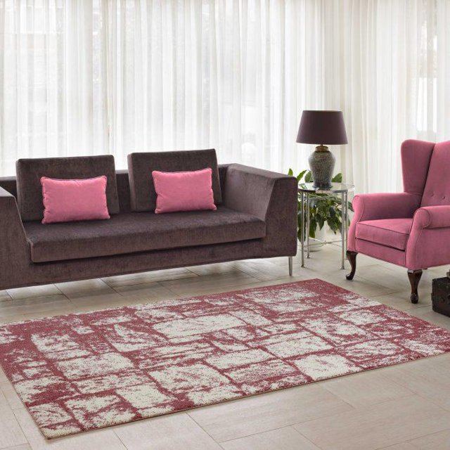 Ladole Rugs Contemporary Abstract Microfiber Shaggy Area Rug Cream- Rose Pink, 3x5 (2'7" x 4'11", 80cm x 150cm)