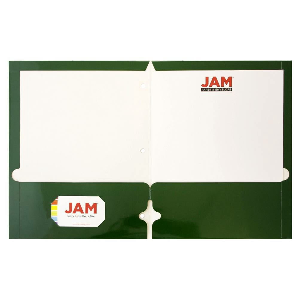 JAM Paper Laminated Two Pocket Glossy 3 Hole Punch School Folders, Green, 3/Pack