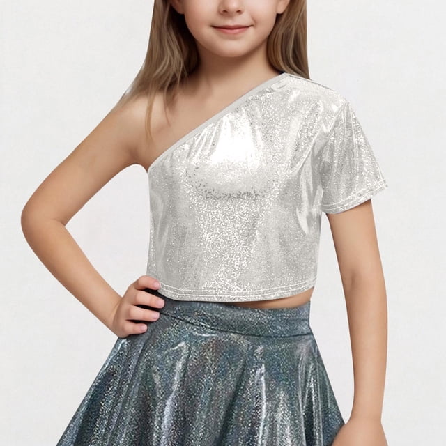 Tenue de Performance pour Enfants T-shirt à Paillettes à Manches Courtes avec Taille Apparente et Nombril Col Rond Élastique