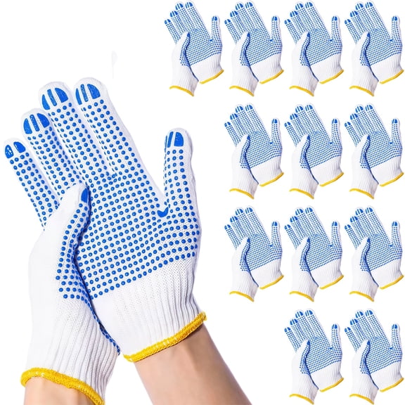 12 Pairs Cotton Work Gloves for Men Women, Safety Work Gloves with Grip, Breathable Cotton Gardening Gloves with Non-Slip Dots for Warehouse Garden Construction