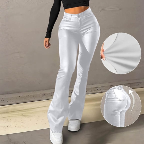 QUNYINEY Casual Women's Leggings Faux Leather Brown Tummy Control Jegging with Pockets Flare Skinny Leggings