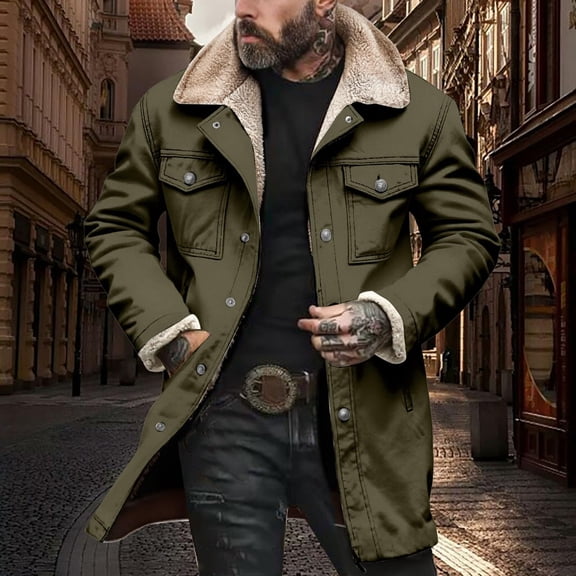 NTACZA Work Mens Jackets Green Faux Suede Sherpa Lined Trucker Jacket Mid Length Button Down Fleece Coat Men Coats L