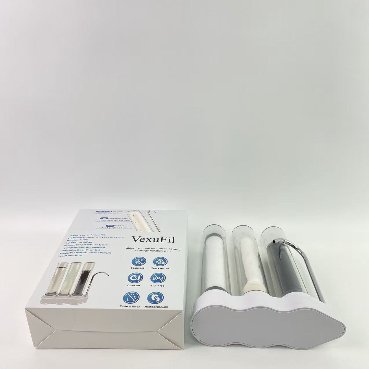 VexuFil Water treatment equipment, namely, cartridge filtration units, High Capacity Under Sink 5-Stage Reverse Osmosis Water Filter, Drinking System, Brushed Nickel Faucet