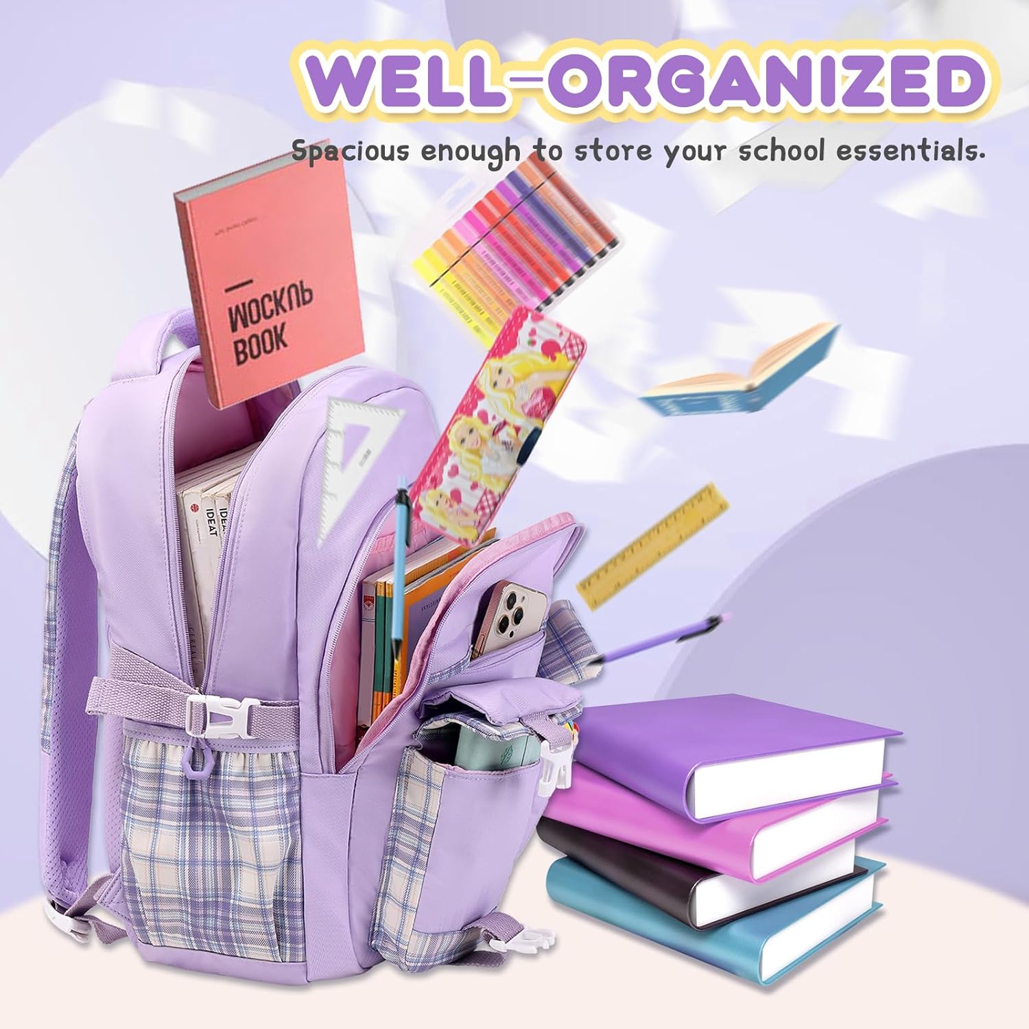 Mochila escolar para adolescentes, gran capacidad, moderna, ligera, impermeable, para primaria y secundaria, regalo, morada 3