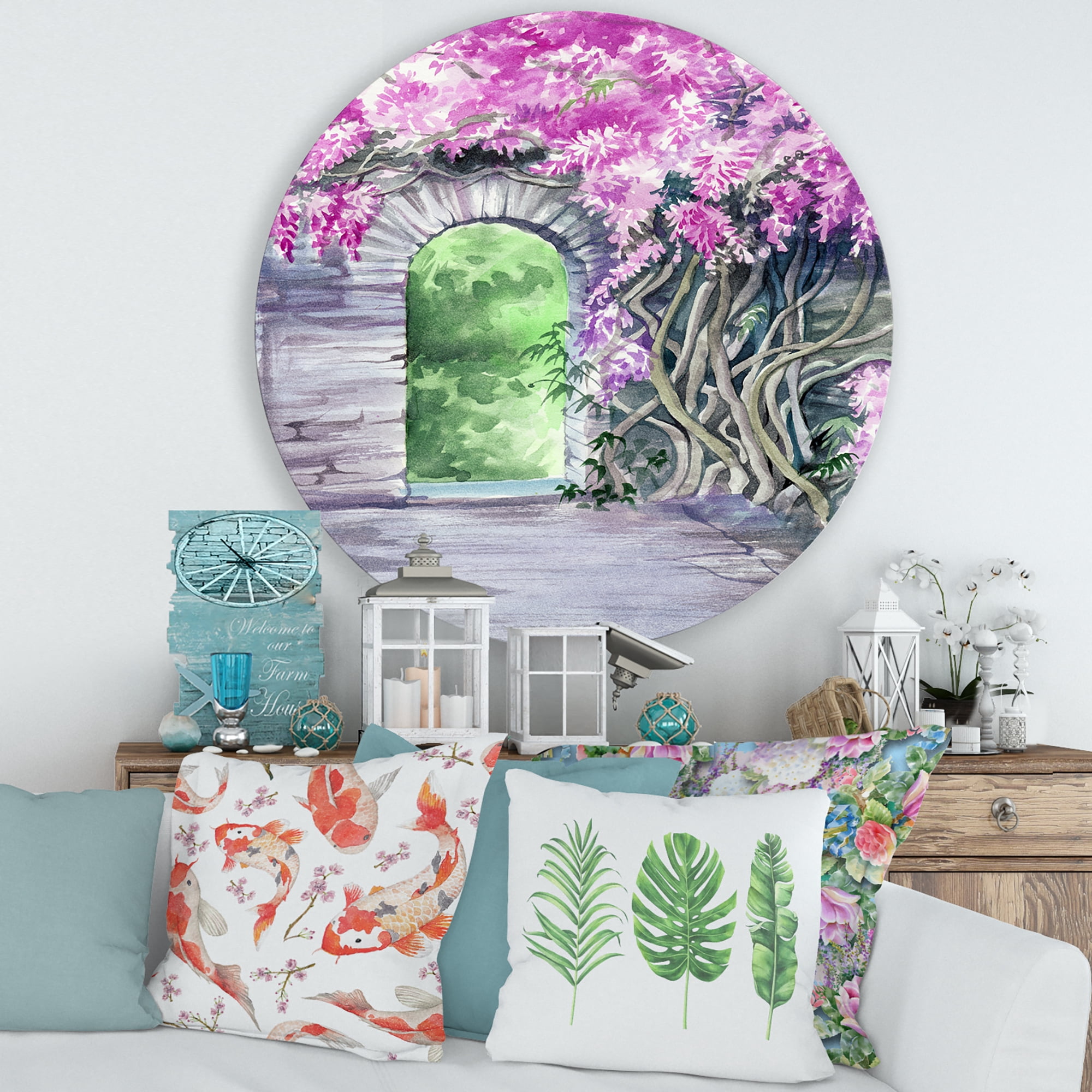 Designart 'Blossoming Purple Wisteria Garden Over The Wall' Traditional Circle Metal Wall Art 36x36 - Disc of 36