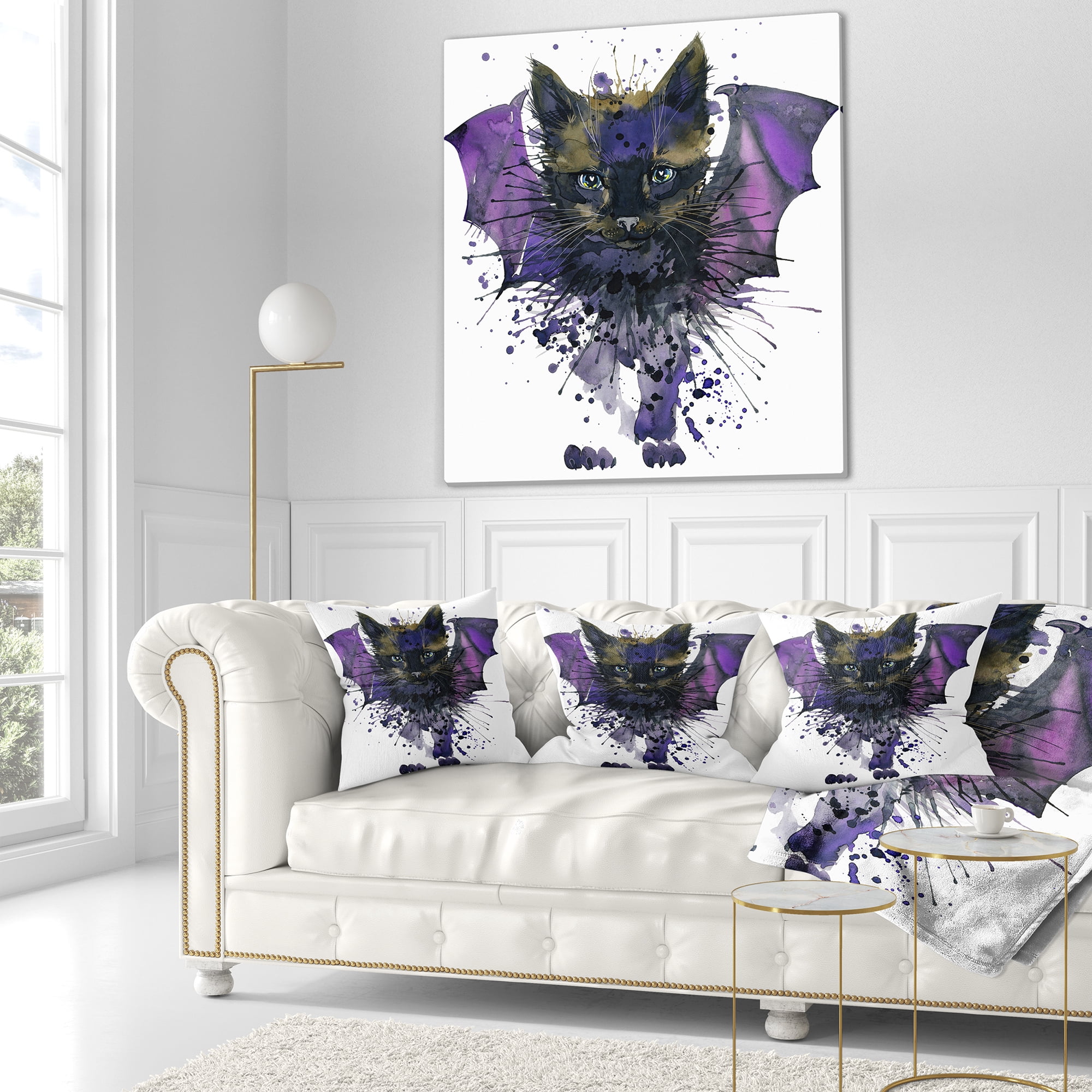 Designart Black Cat with Blue Wings - Animal Throw Pillow - 18x18