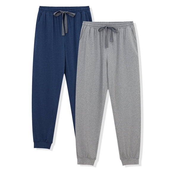 ANLIQI Men's Jogger Sleep Pants Cotton Pajama Bottoms Soft Lightweight Loungewear with Drawstring and Pockets 2 Pack(Heather Gray&Heather Blue,L)