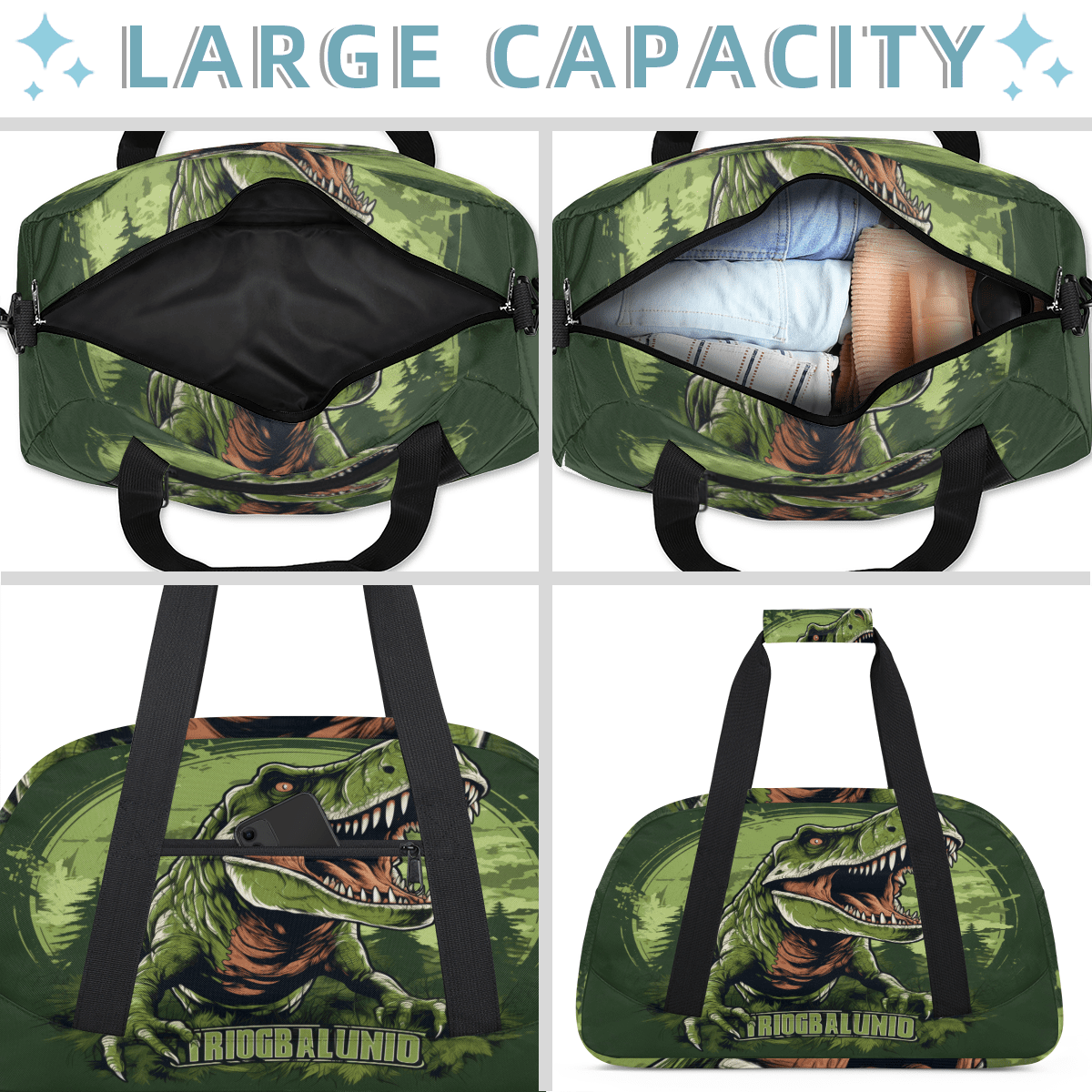 Herdesigns Dinosaur Sports Duffle Bag for Women & Men, Gym Bag Dance Bag Overnight Bag Carry On Weekender Travel Bag